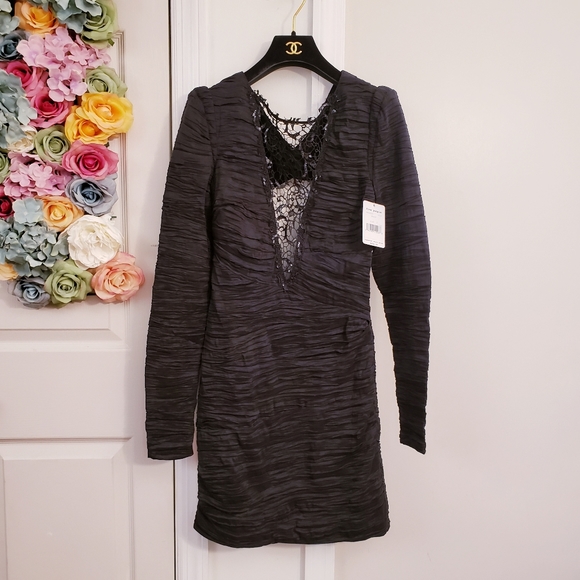 FREE PEOPLE Dress Mini Sequin Ruched Lace Boho Open Back Cocktail Party Black - Picture 3 of 12